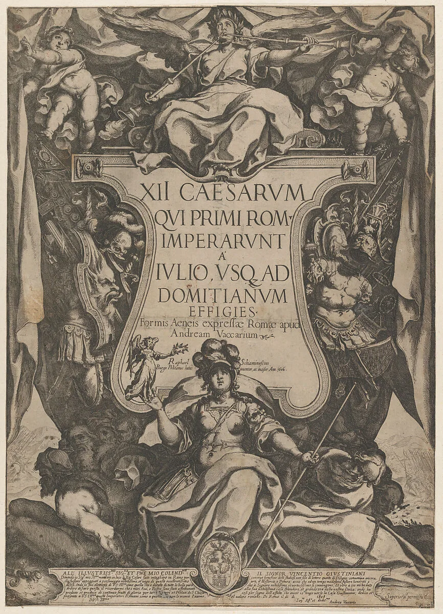 Frontispiece with a trumpeter sounding trumpets seated on top of a cartouche flanked by trophies, from 'The Twelve Caesars' — Andrea Vaccari|Raffaello Schiaminossi
