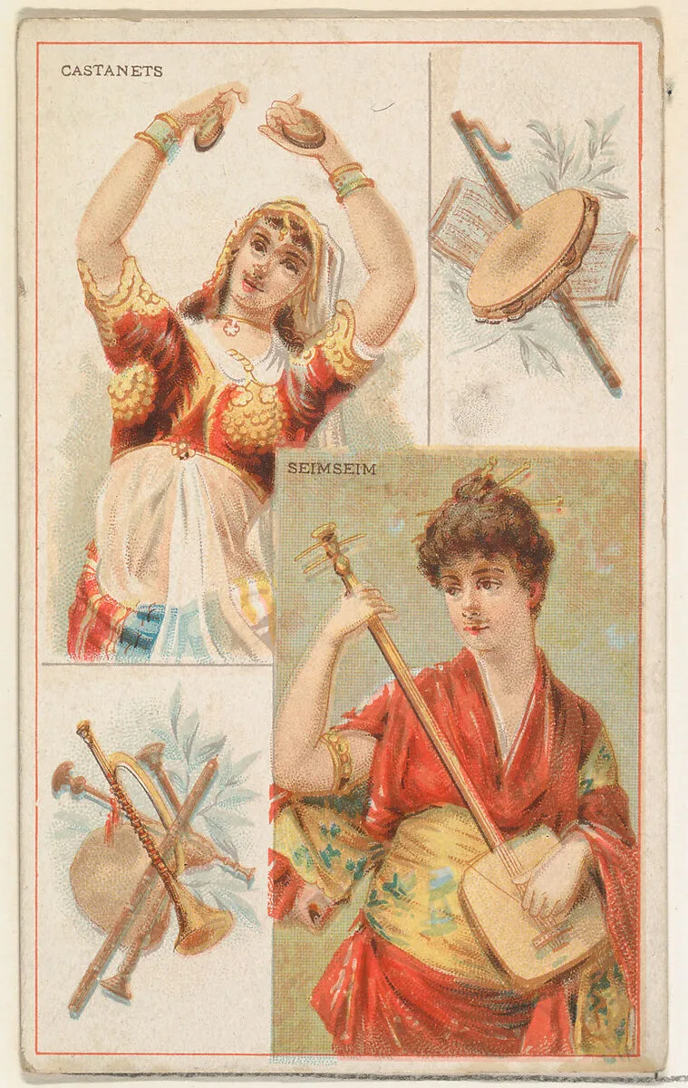 Castanets and Seimseim, from the Musical Instruments series (N121) issued by Duke Sons & Co. to promote Honest Long Cut Tobacco — W. Duke, Sons & Co.|Schumacher & Ettlinger