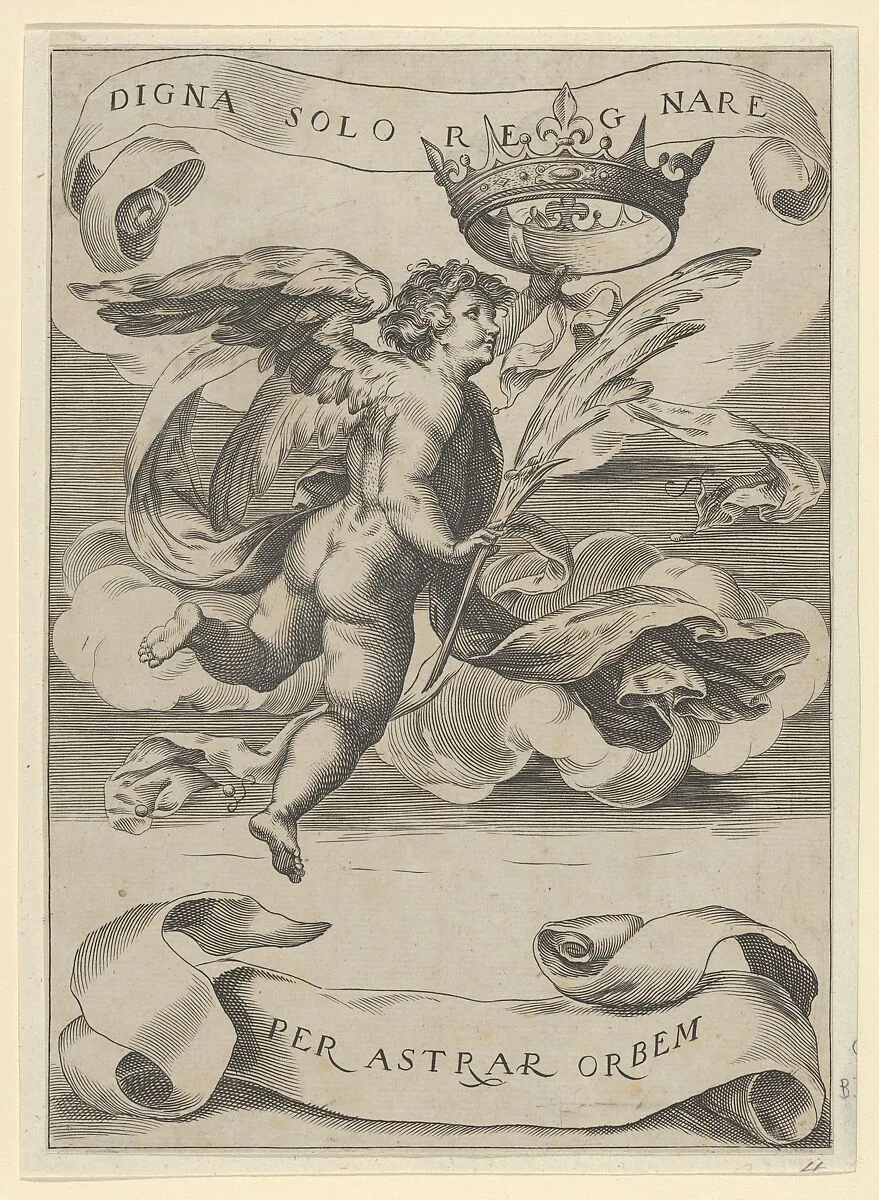 Winged genius holding the Crown of Tuscany in his left hand and a palm in his right — Cherubino Alberti (Zaccaria Mattia)