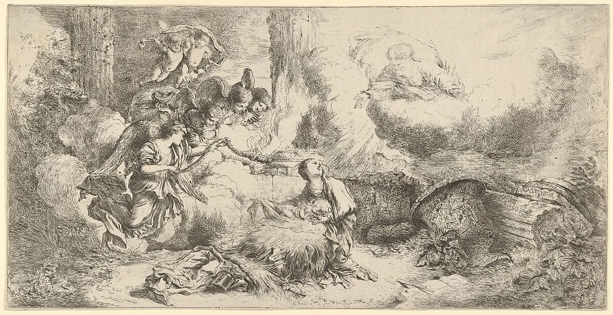 Nativity with God the Father and angels — Giovanni Benedetto Castiglione (Il Grechetto)
