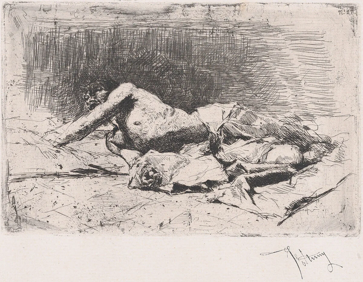 A partly naked man on the ground, right arm outstretched — Mariano Fortuny, 1838–1874