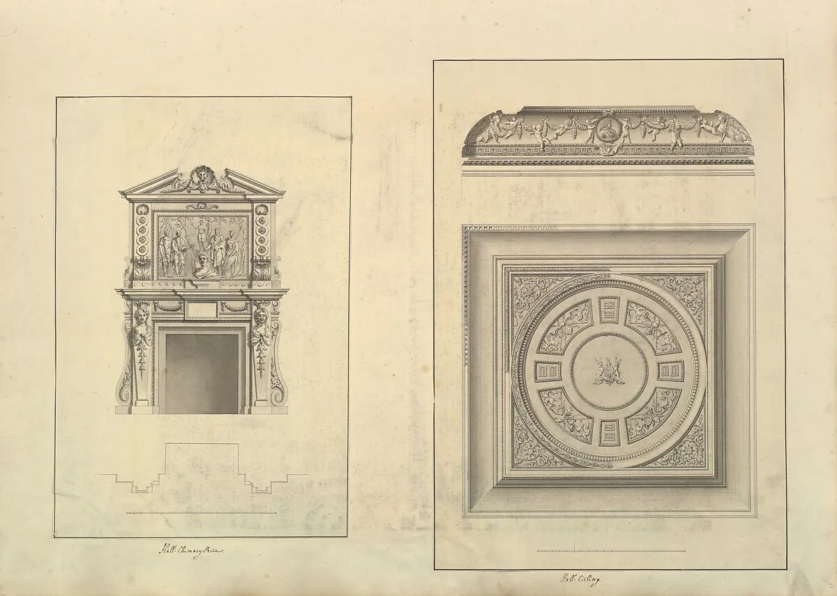Leaf from Aedes Walpolianae mounted with two drawings: (a): Hall Chimney-Piece, Houghton Hall, Norfolk; (b): Hall Ceiling, Houghton Hall, Norfolk — Isaac Ware
