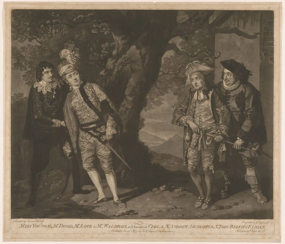 Miss Younge, Mr. Dodd, Mr. Love, and Mr. Waldron, in th Characters of Viola, Sir Andrew Aguecheek, Sir Toby Belch, and Fabian (Shakespeare, Twelfth Night, Act 3, Scene 4) — James Dance|James William Dodd|John Raphael Smith|Francis Wheatley|Robert Sayer|Elizabeth Pope (née Younge)|Francis Godolphin Waldron|William Shakespeare