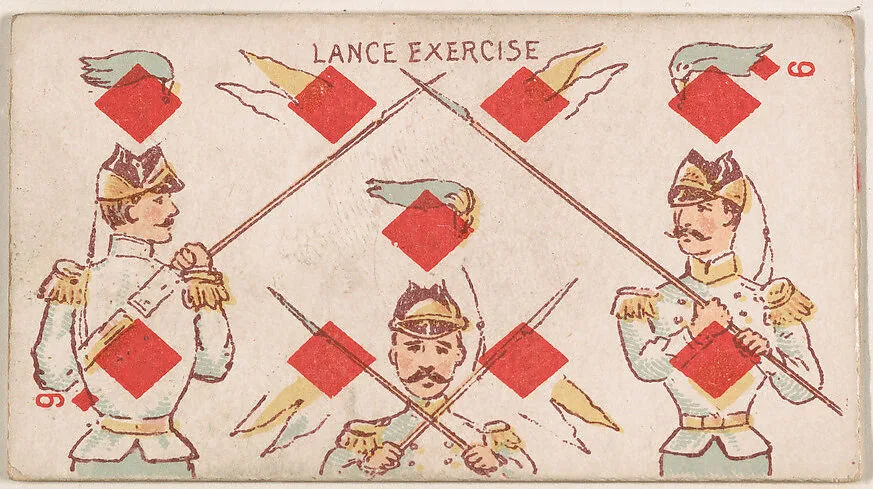 Nine of Diamonds, Lance Exercise, from Harlequin Cards, 2nd Series (N220) issued by Kinney Bros. — Kinney Brothers Tobacco Company