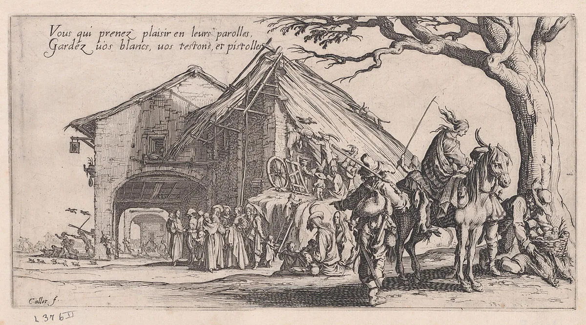La Halte des Bohèmiens: Les Diseuses de Bonne Aventure (The Gypsy Stopover: The Fortune Tellers), from Le Bohémiens, série appelée aussi Les Égyptiens, La Marche des Bohémiens, La Vie Errante des Bohémiens, Les Marches Égyptiennes (The Gypsies, series also called The Egyptians, The Gypsy Troops, The Wandering Lives of Gypsies, The Egyptian Troops) — Jacques Callot