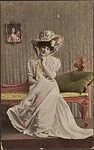 [untitled--lady on pink settee wearing large bonnet]