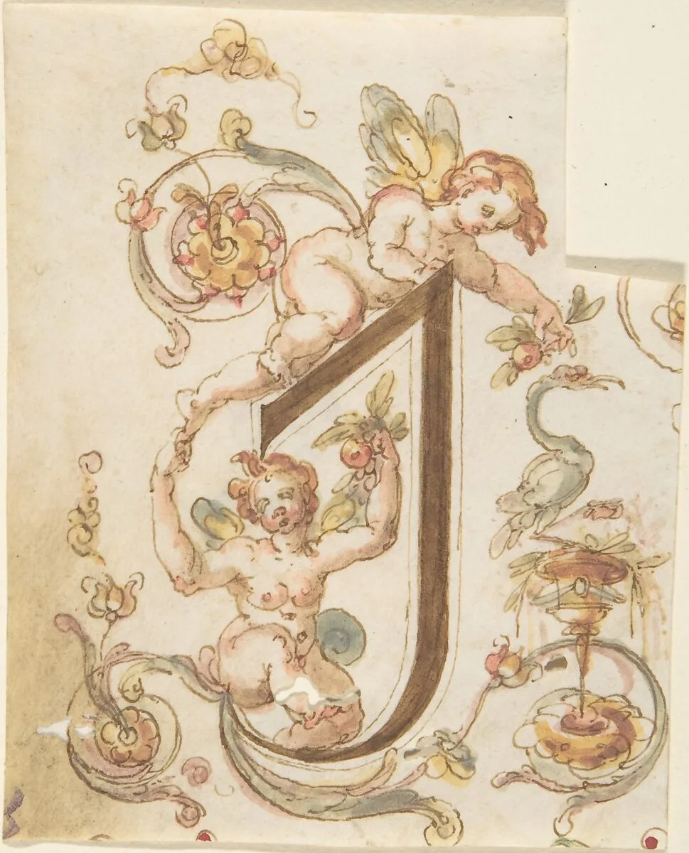 Decorative Letter "I" with Putti (Embroidery Design?) — Anonymous, Italian, 16th century