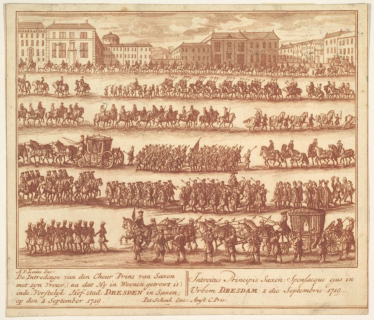 Entry of the Prince of Saxony with his Wife into Dresden on September 2, 1719, after their Marriage in Vienna — Adolf van der Laan, Dutch, 1684–1755|Pieter Schenck II