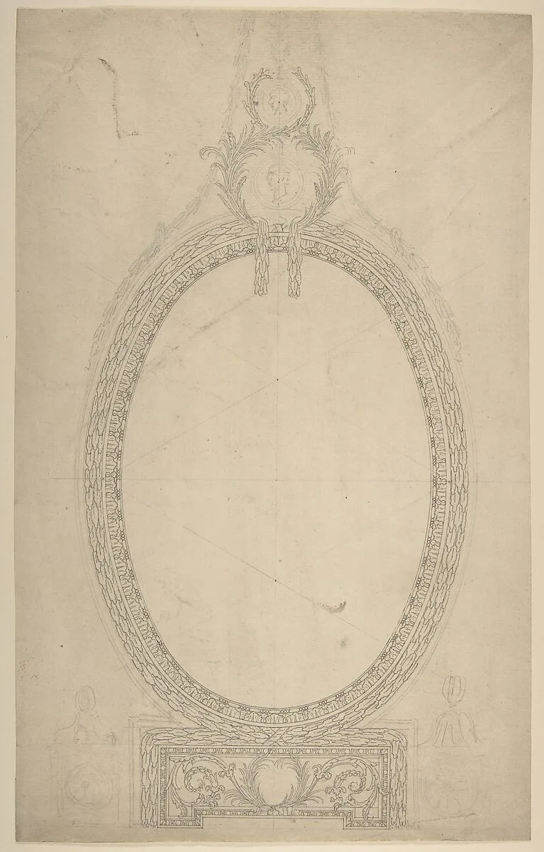 Design for a Girandole Mirror, an Oval Resting on an Oblong Base, Terminated by Two Superimposed Circular Frond-motifs, Topped with a Lion's Head from Which Hang Floral Swags and Pendants — Sir William Chambers