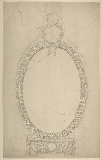 Design for a Girandole Mirror, an Oval Resting on an Oblong Base, Terminated by Two Superimposed Circular Frond-motifs, Topped with a Lion's Head from Which Hang Floral Swags and Pendants