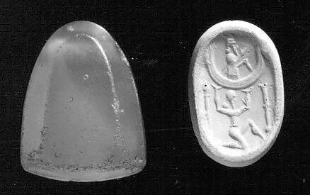 Stamp seal (octagonal pyramid) with deity and divine symbols — Unknown