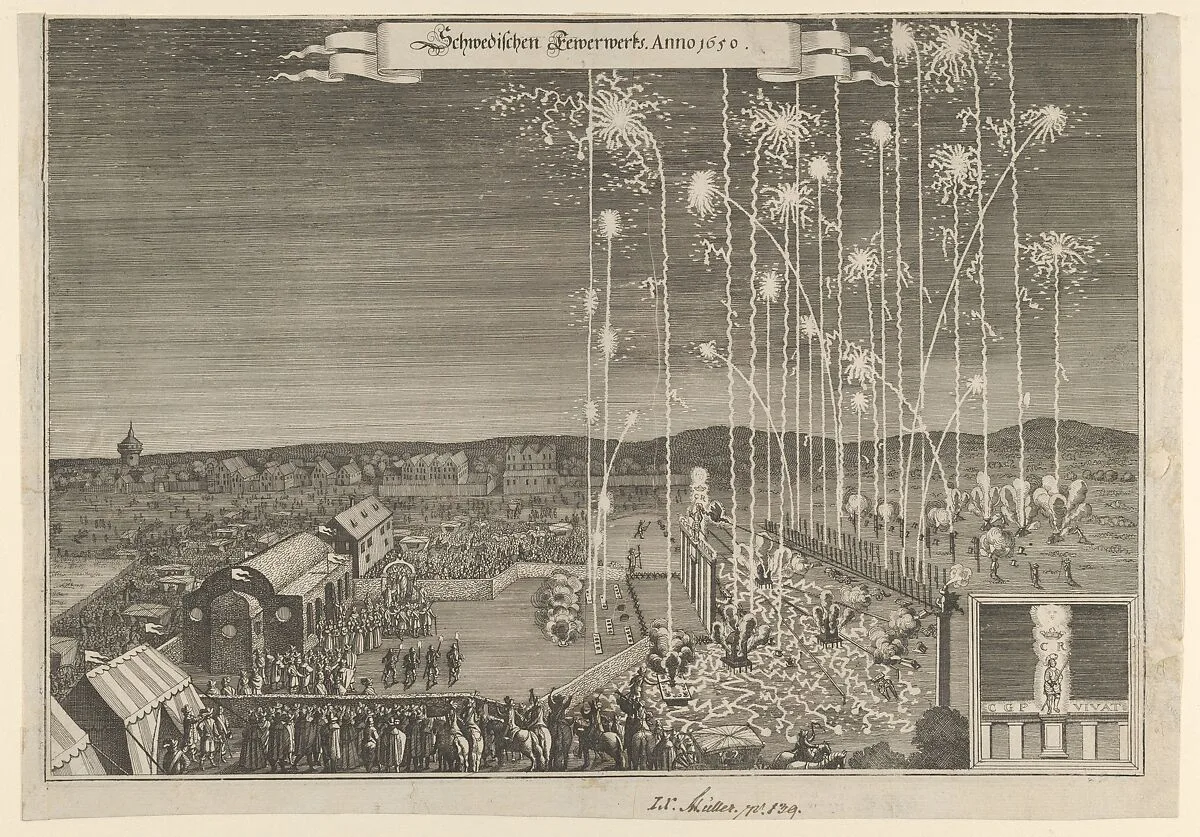Fireworks given by the Swedish ambassadors to honor Karl Gustav, Count Palatine, executed by Johann Carl, Nuremberg 1650 — Anonymous