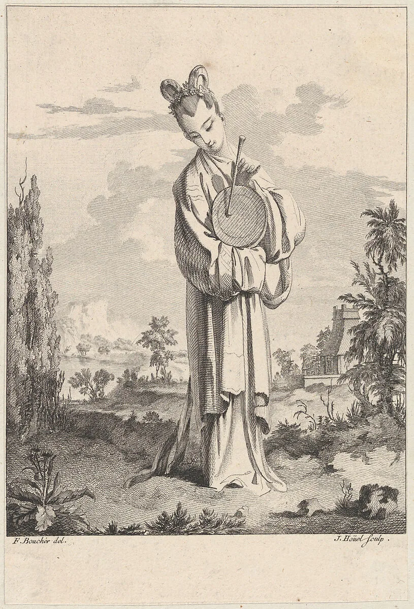 Chinoiserie with a woman playing a gong, from Suite de Figures Chinoises. . .Tiré du Cabinet de Mr. d'Azaincourt (Series of Chinoiserie Figures. . .From the Chambers of Mr. d'Azaincourt) — Gilles Demarteau|Jean Pierre Louis Laurent Hoüel|François Boucher