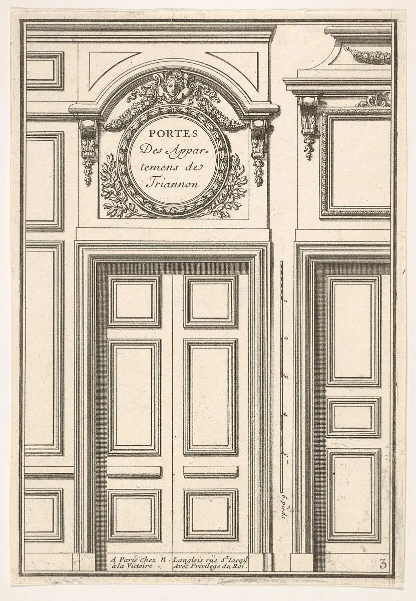 Doors of the Trianon Appartments plate III from the Series 'Portes a Placard et Lambris', published as part of 'L'Architecture à la Mode' — Jean Le Pautre|Nicolas Langlois