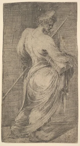 Saint James Major holding a staff and a book facing right, from "Christ and the Apostles"