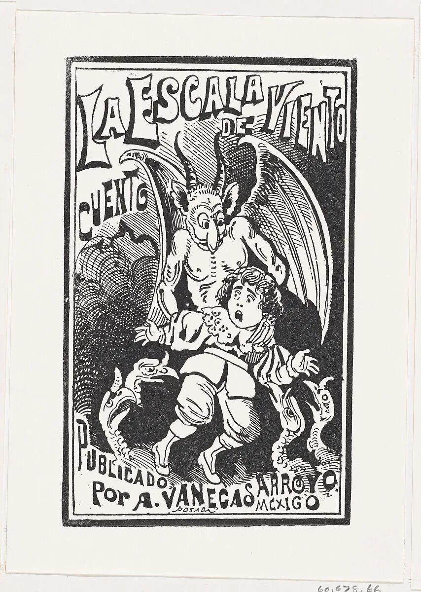 A demon holding a young boy by his shoulders over a group of vultures, illustration for 'La Escala de Viento,' published by Antonio Vanegas Arroyo — José Guadalupe Posada|José Sanchez