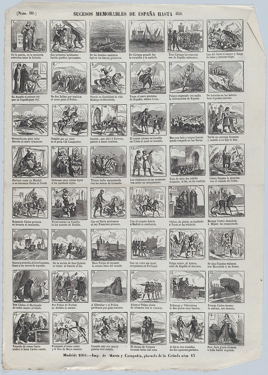 Broadside with 48 scenes depicting memorable events in Spain until 1840 — José María Marés