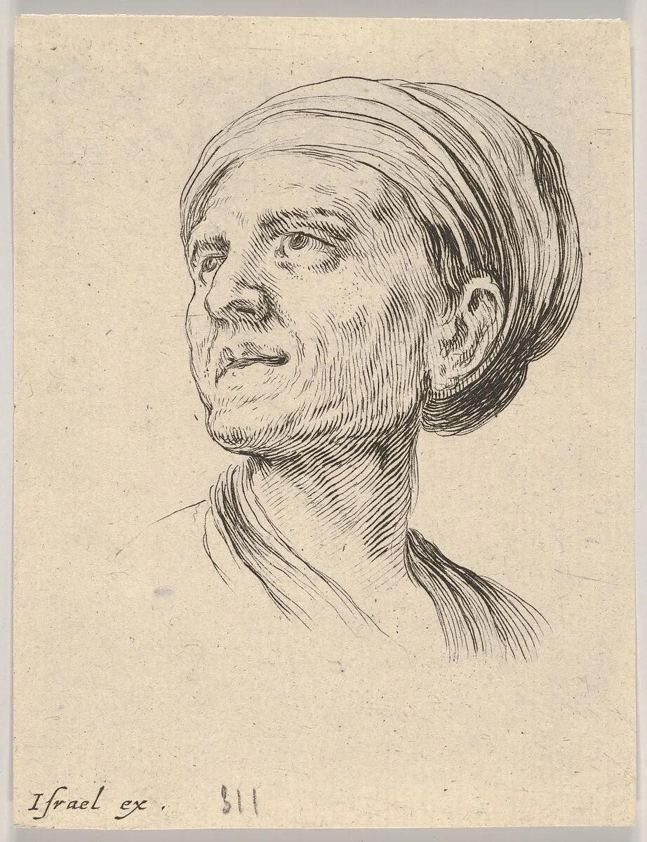 Plate 4: head of an old woman with a bonnet, looking left from 'Various heads and figures' (Diverses têtes et figures) — Stefano della Bella|Israël Henriet