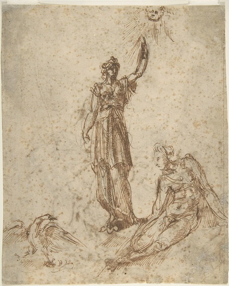 Two Women with Sun and Bird (recto); Two Men Fighting and a Fallen Horse (verso) — Anonymous, Italian, Florentine, 16th century