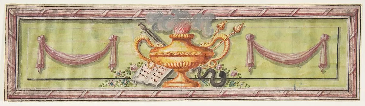 Ornamental Panel with Flaming Lamps and Sheet Music — Anonymous, French, 19th century