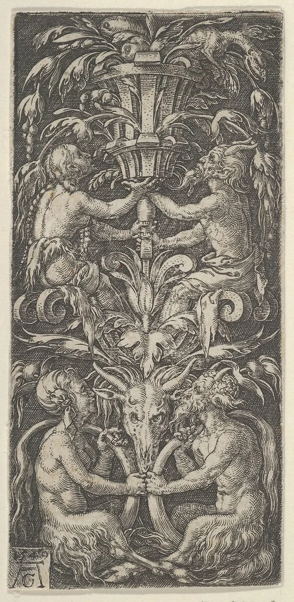 Panel with Candelabrum Containing Two Couples of Satyrs — Heinrich Aldegrever