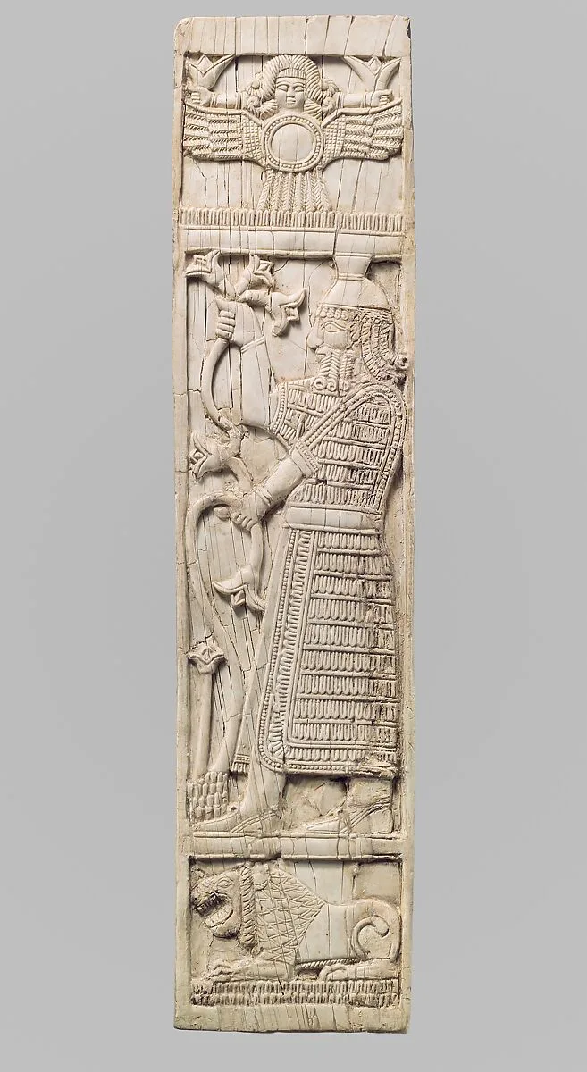 Furniture plaque carved in relief with warrior holding lotuses — Unknown