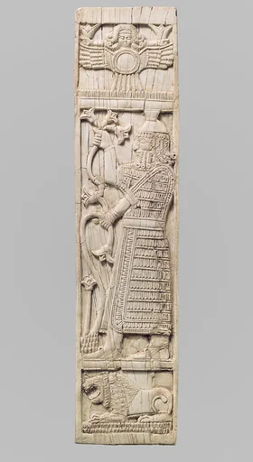 Furniture plaque carved in relief with warrior holding lotuses