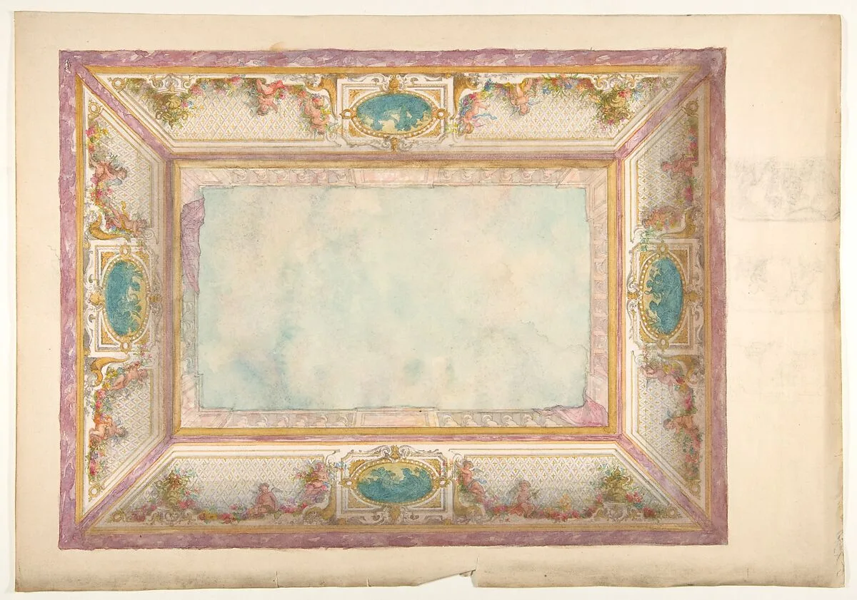 Design for a ceiling with trompe l'oeil balustrade and putti — Jules-Edmond-Charles Lachaise|Eugène-Pierre Gourdet