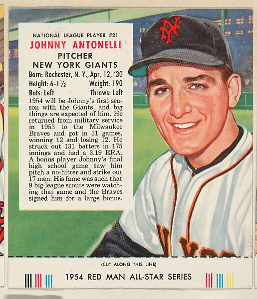 Johnny Antonelli, from the Major League All Stars series (T234), issued by Red Man Chewing Tobacco — Red Man Chewing Tobacco