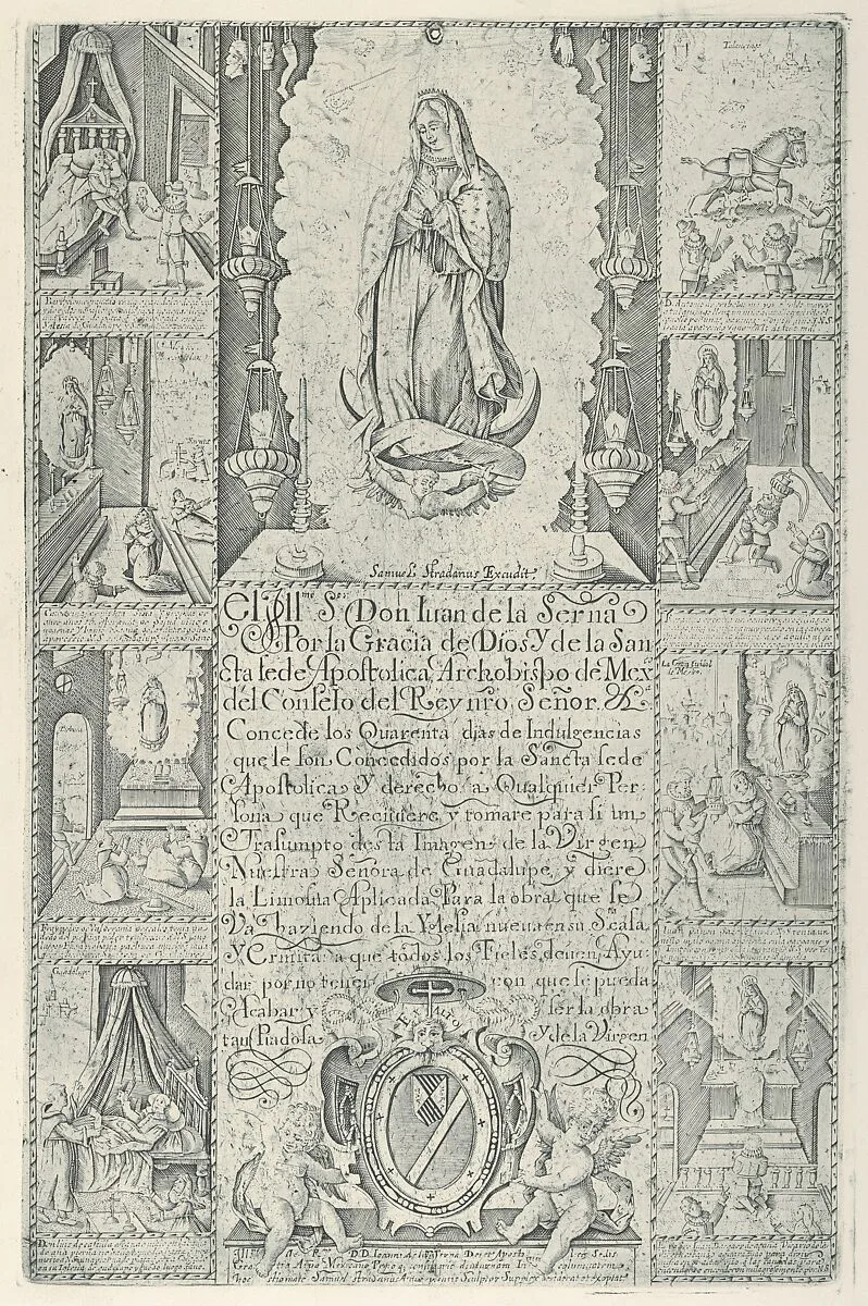 Indulgence for donation of alms towards the building of a Church to the Virgin of Guadalupe (modern facsimile impression) — Samuel Stradanus