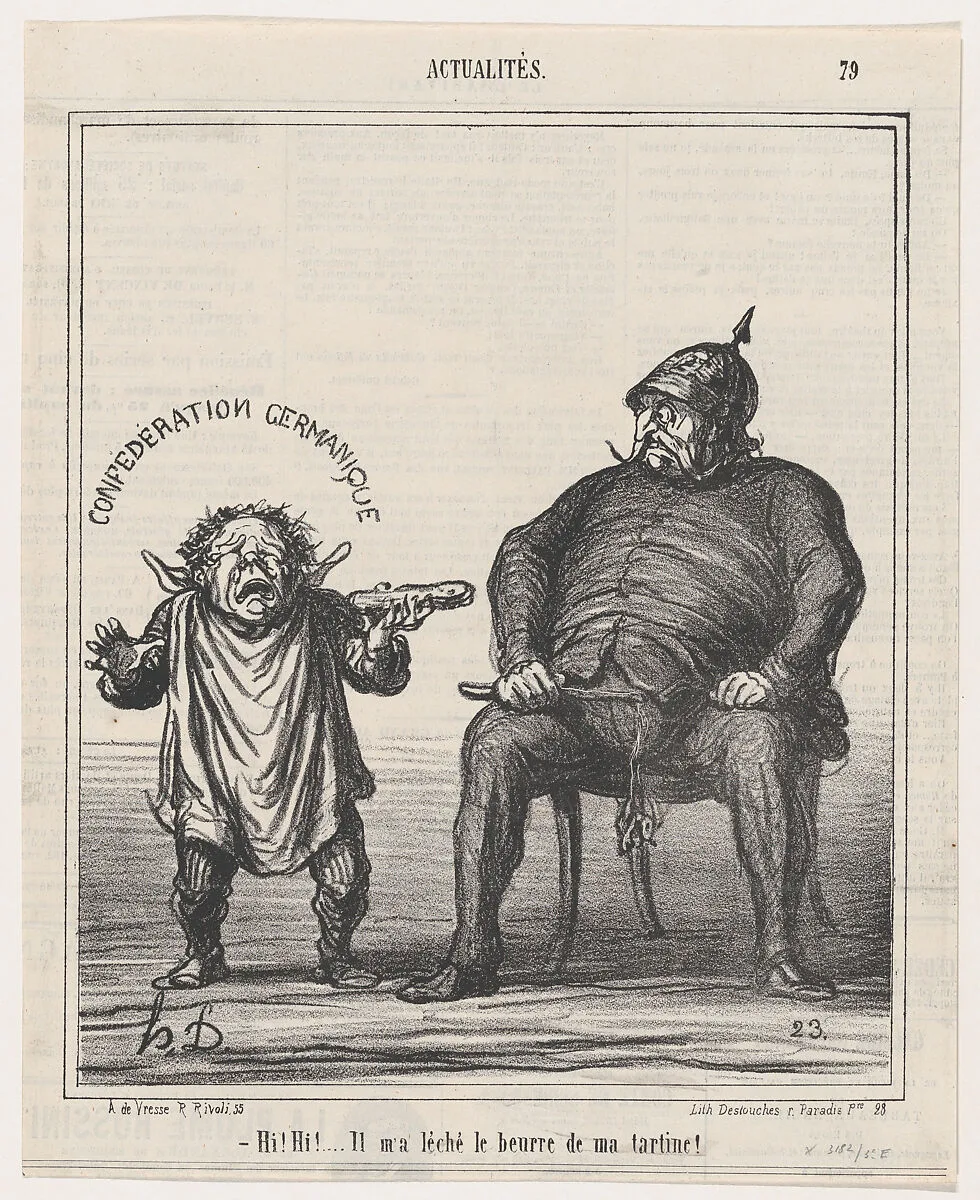 Hi! Hi! he licked the butter off my bread!, from 'News of the day,' published in Le Charivari, May 3, 1867 — Arnaud de Vresse|Honoré Daumier|Destouches