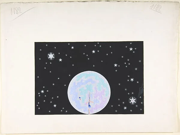 Design for Stage Set, Bead Curtain Moon Surrounded by Stars on Black Ground, for "Manhattan Mary," Majestic Theater, New York — Erté (Romain de Tirtoff)