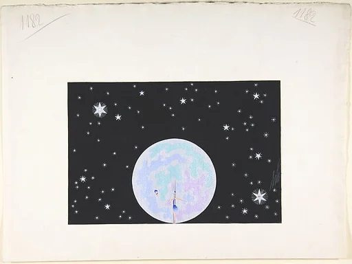 Design for Stage Set, Bead Curtain Moon Surrounded by Stars on Black Ground, for "Manhattan Mary," Majestic Theater, New York