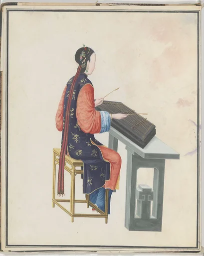 Watercolor of musician playing yangqin