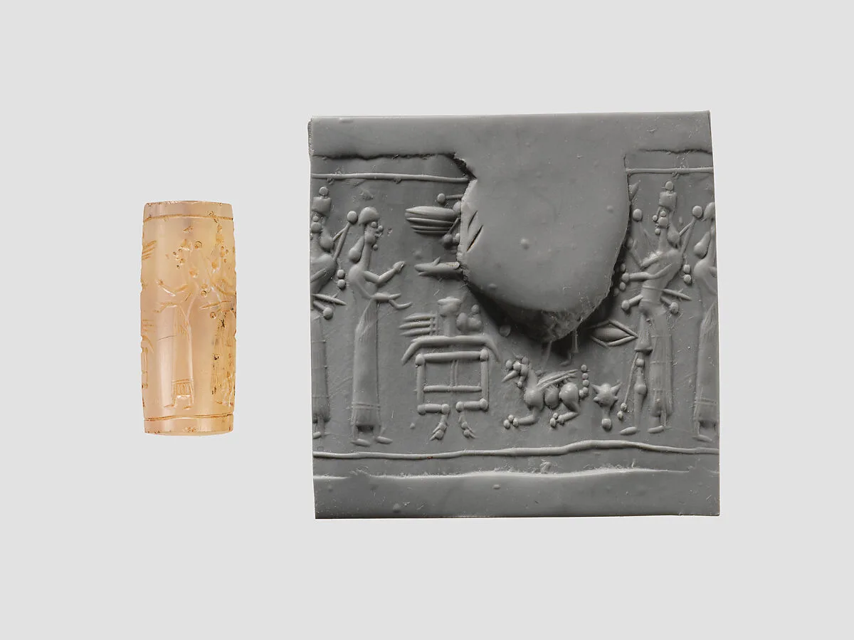 Cylinder seal with cultic scene — Unknown