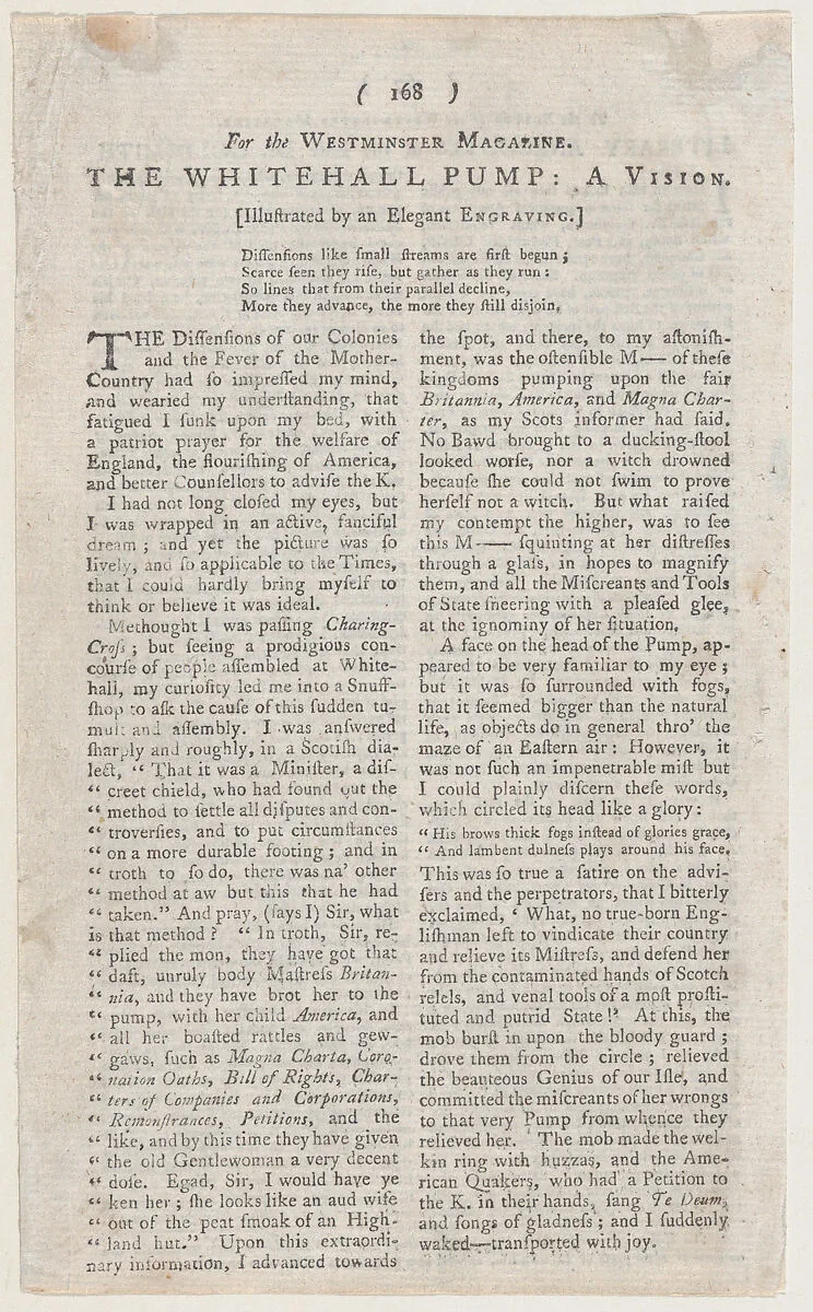The Whitehall Pump (page from The Westminster Magazine) — Anonymous, British, 18th century