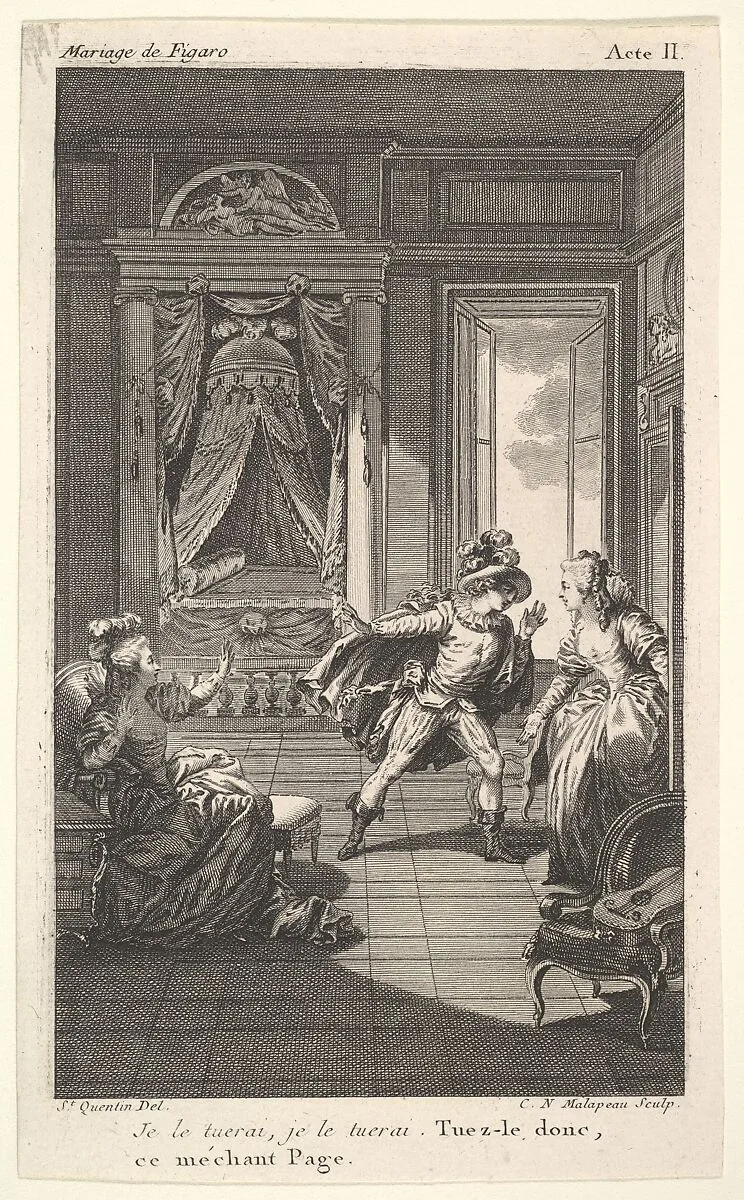 A man leans toward a woman standing in a doorway at right, at left a seated woman raises both hands, a canopied bed beyond, from a series of five illustrations after Jacques Philippe Joseph de Saint-Quentin for 'The mad day, or the marriage of Figaro' (La Folle journée, ou le mariage de Figaro) by Pierre Augustin Caron de Beaumarchais — Jacques Philippe Joseph de Saint Quentin|Claude Nicolas Malapeau