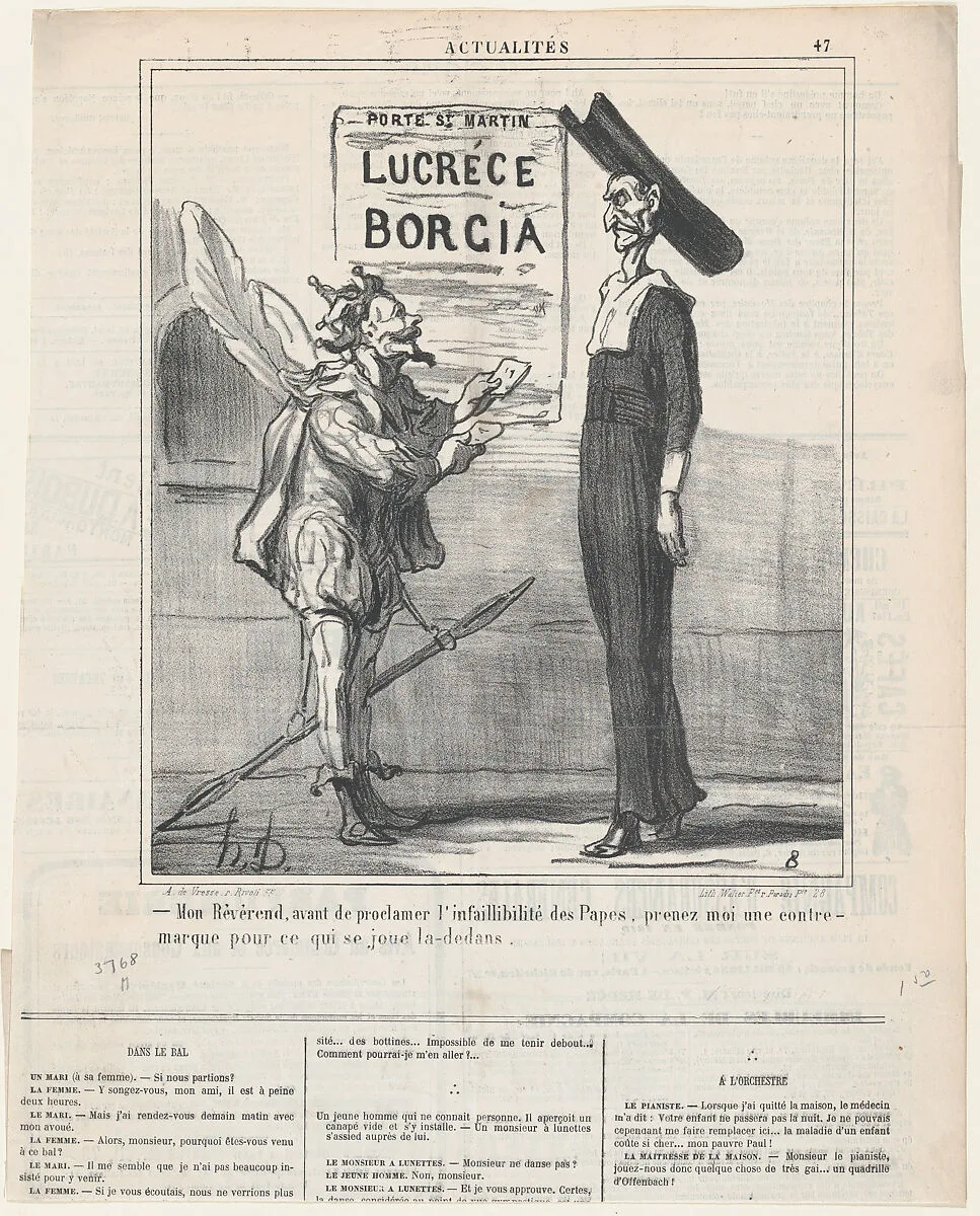 Reverend, before proclaiming the infallibility of the Pope, please get your entrance ticket for the play in there, from 'News of the day,' published in Le Charivari, March 5, 1870 — Arnaud de Vresse|Walter Frères|Honoré Daumier|Victor Hugo