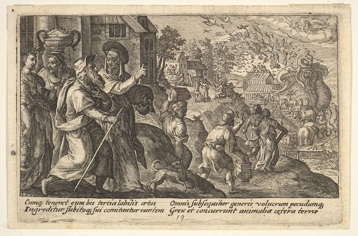 Entry into the ark: Noah and his family walk toward the ark in the background, pairs of animals walk up a ramp leading into the ark, from "Liber Genesis" — Crispijn de Passe the Elder
