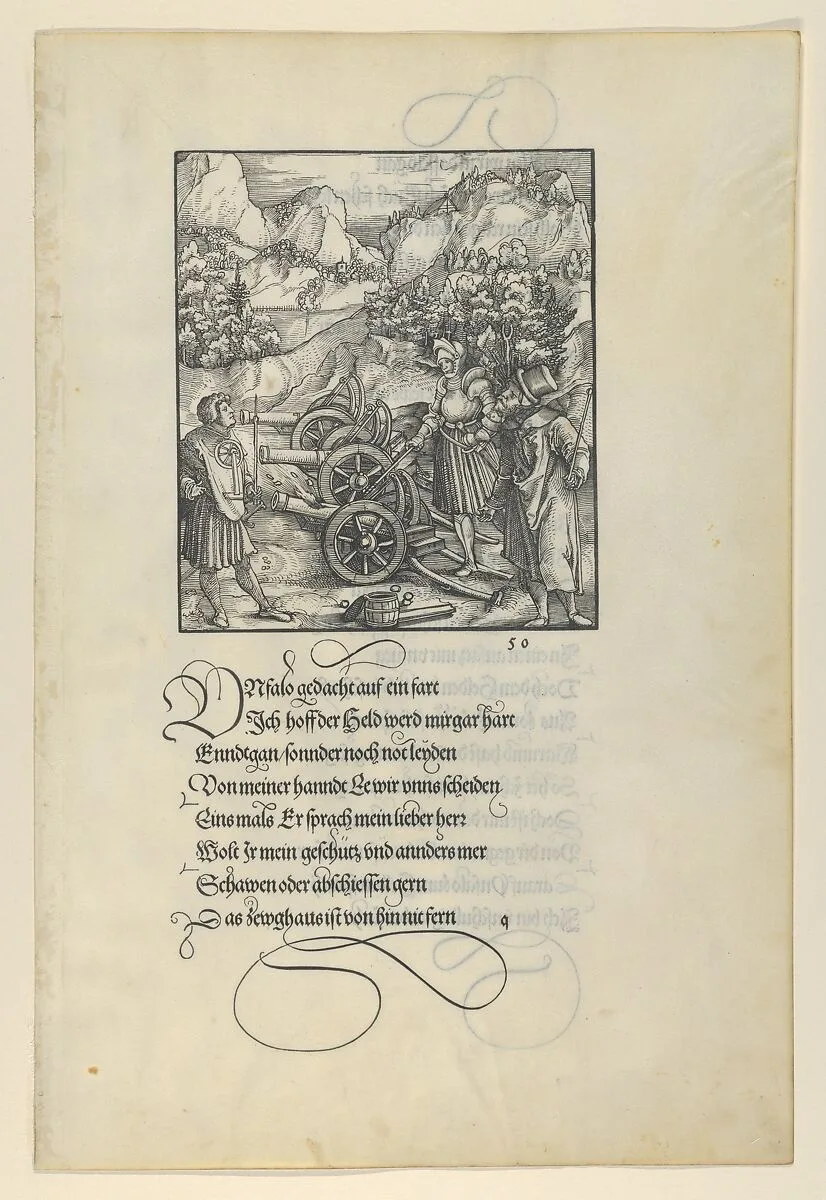 Unfalo Endangering Theuerdanck, Causing the the Explosion of Three Cannons, from Theuerdanck — Hans Schäufelein|Melchior Pfintzing|Hans Schönsperger
