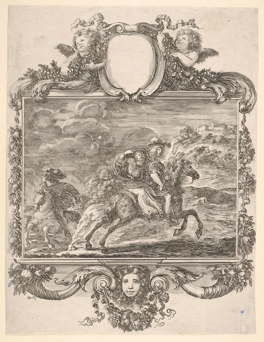 A horseman and a lady riding side saddle, galloping towards the right, another horseman follows, in an elaborate frame decorated with a mask of a young woman, cherubs, and fruit — Stefano della Bella