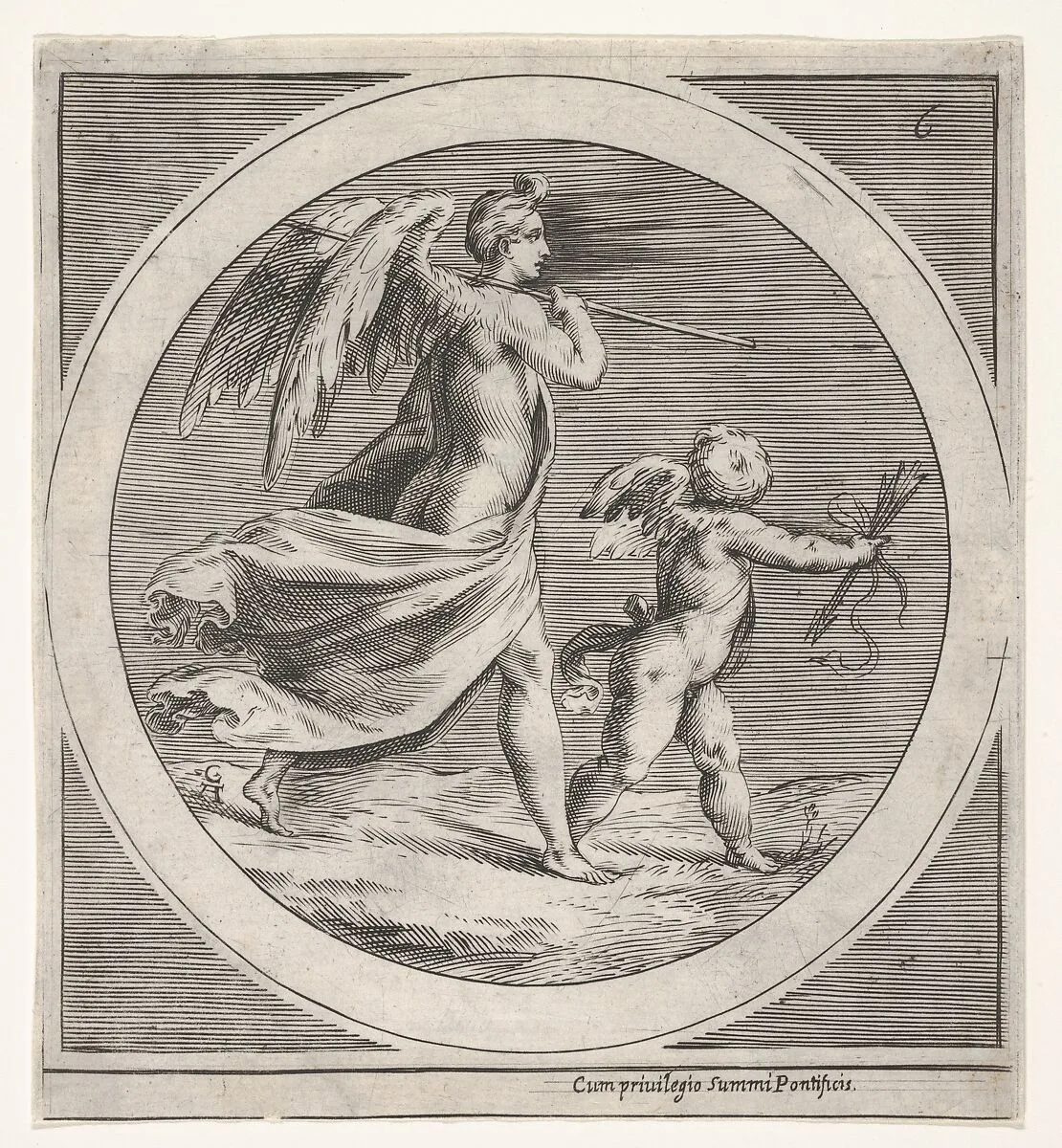 Winged female figure, draped and carrying a staff, striding behind a winged putto, who twists to look over his left shoulder, a round composition — Anonymous|Cherubino Alberti (Zaccaria Mattia)|Polidoro da Caravaggio