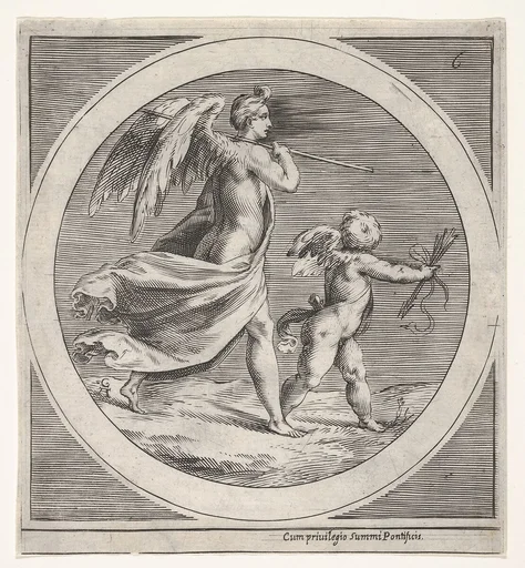 Winged female figure, draped and carrying a staff, striding behind a winged putto, who twists to look over his left shoulder, a round composition