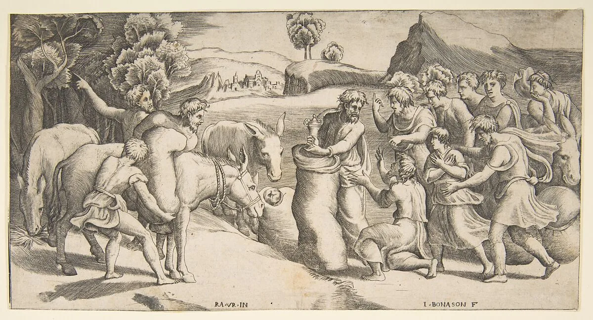 Joseph's cup being discovered in Benjamin's sack of grain — Giulio Bonasone|Raphael (Raffaello Sanzio or Santi)