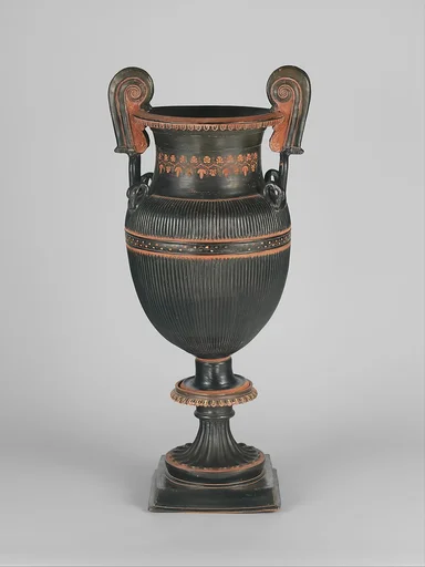 Pair of terracotta volute-kraters (vases for mixing wine and water) with stands