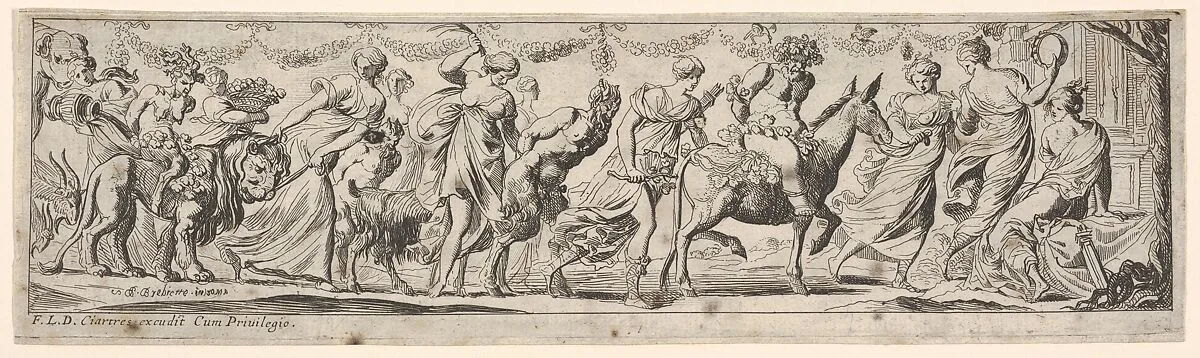 Procession of draped women leading captives and animals, at left Envy rides a lion, at right Silenus rides a donkey, from a series of twelve frieze-like designs showing bacchanals, sacrifices, and dances — Pierre Brebiette|François Langlois