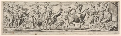 Procession of draped women leading captives and animals, at left Envy rides a lion, at right Silenus rides a donkey, from a series of twelve frieze-like designs showing bacchanals, sacrifices, and dances