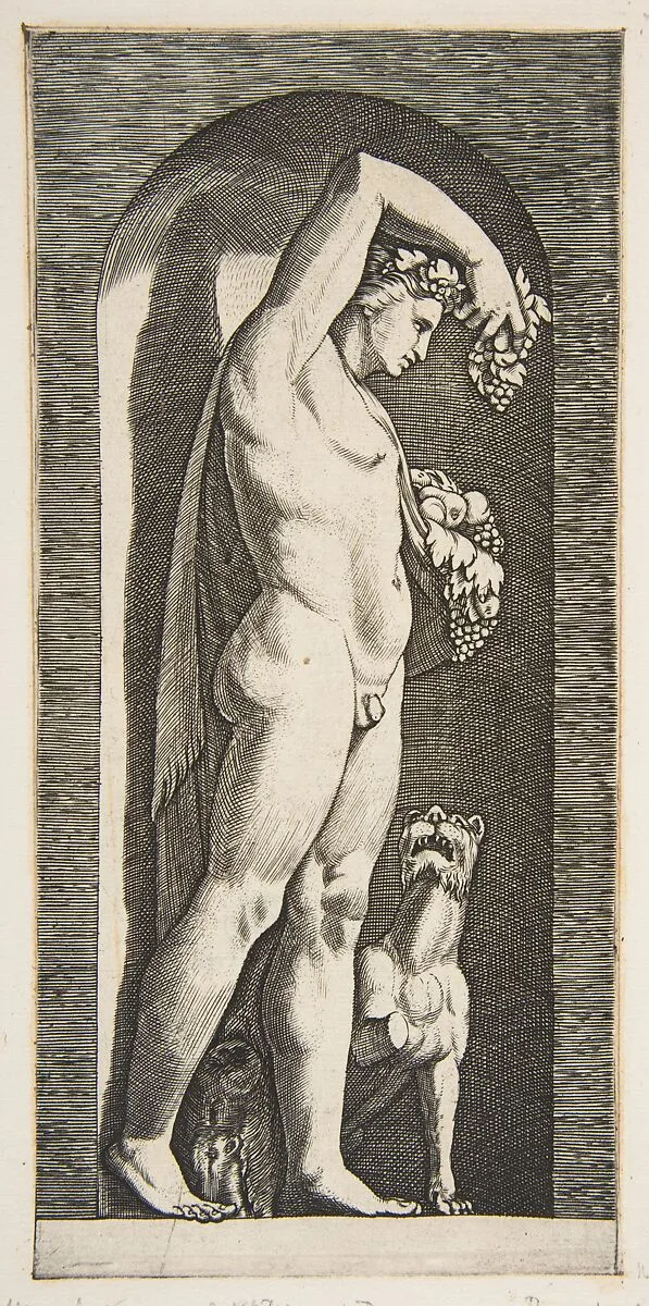 Bacchus standing in a niche holding grapes in his raised right hand, fruit in his left hand, a dog lower right — Marco Dente