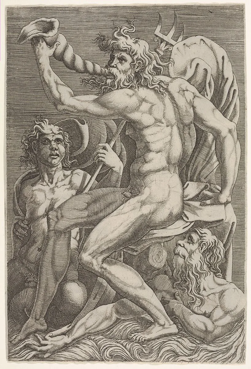 Seated Neptune holding a conch shell to his mouth, accompanied by a seated triton and another emerging from the water at bottom right — Giorgio Ghisi|Perino del Vaga (Pietro Buonaccorsi)