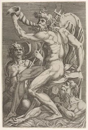 Seated Neptune holding a conch shell to his mouth, accompanied by a seated triton and another emerging from the water at bottom right